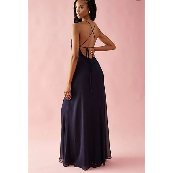 New Free People Simone Maxi Dress $250 SIZE 0 Navy V-neck Adjustable Lace-up - Picture 2 of 5